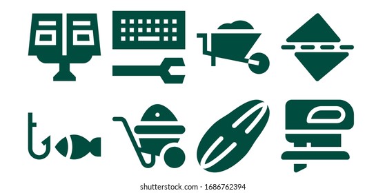 Werkzeugsymbol gesetzt. 8 gefüllte Toolsymbole.  Einfache, moderne Symbole wie: Angeln, Rezept-Buch, Rad-Barrow, Konfiguration, Saatgut, Fretsaw, Straighten