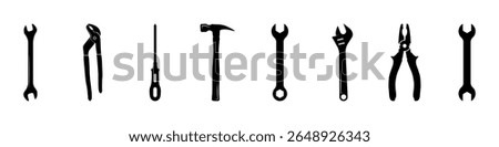 Tools icon set. A bold filled icon set of common tools including wrenches, pliers, hammer, screwdriver, and more. Vector illustration