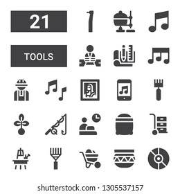 tools icon set. Collection of 21 filled tools icons included Music, Pottery, Wheelbarrow, Rake, Easel, Seeds, Worker, Fishing, Seed, Art, Sketching, Crucible, Dentist