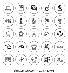 Tools icon set. collection of 25 outline tools icons with dentist, cooking, easel, gardener, gardening, kitchen, music, pottery, recipe, shears, support icons. editable icons.