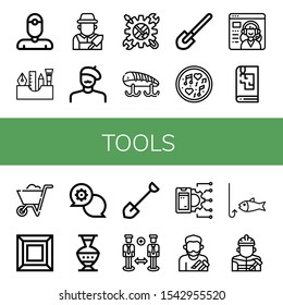 tools icon set. Collection of Dentist, Painting tools, Gardener, Painter, Tool, Fishing baits, Shovel, Music, Service, Sketchbook, Wheelbarrow, Art, Support, Pottery, Api icons