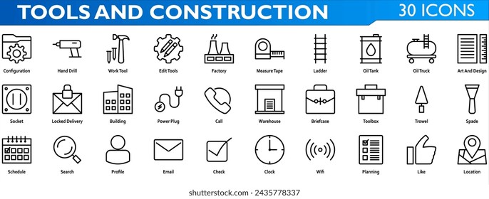 Tools icon set. Containing configuration,hand drill,work tool,edit tools,factory,ladder,oil tank,oil truck,socket,locked delivery,building,power plug,toolbox,trowel,spade. Line style collection