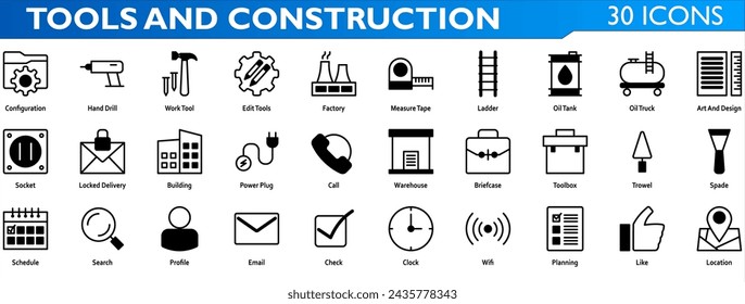 Tools icon set. Containing configuration,hand drill,work tool,edit tools,factory,ladder,oil tank,oil truck,socket,locked delivery,building,power plug,toolbox,trowel,spade. Mixed style collection