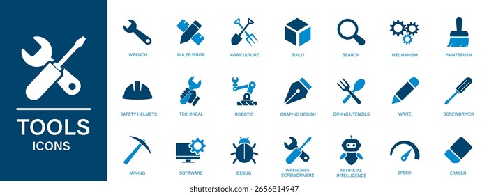 Tools icon set. Containing hand tools, build, agriculture, wrench, screwdriver, robotic, engineering, software,...