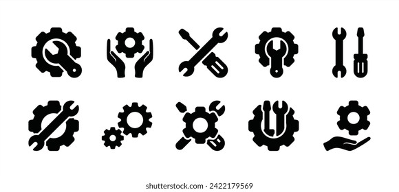 Conjunto de iconos Herramientas. Con llave, destornillador, spanner y símbolo del icono de la marcha para el servicio, reparación, configuración, mantenimiento, instalación, técnica. Ilustración del vector