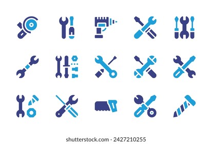 Conjunto de iconos Herramientas. Color duotono. Ilustración vectorial. Contiene amoladora angular, herramientas, taladro de mano, destornillador, llave inglesa, soporte técnico, herramientas de reparación, herramientas de trabajo, equipo, tornillo.