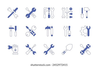 Conjunto de iconos Herramientas. Trazo de línea de estilo duotono y negrita. Ilustración vectorial. Conteniendo trabajo manual, herramienta de reparación, herramienta, llave inglesa, herramientas de construcción, herramientas de reparación, trabajo, herramientas, utensilios.