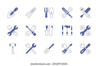 Tools icon set. Duotone style line stroke and bold. Vector illustration. Containing gardening, screwdriver, linemans pliers, settings, tools, shovel, tool, construction and tools, design tools.