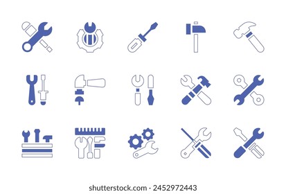 Tools icon set. Duotone style line stroke and bold. Vector illustration. Containing hammer, tool box, repair, tools, setting, screwdriver, construction, repair tools.