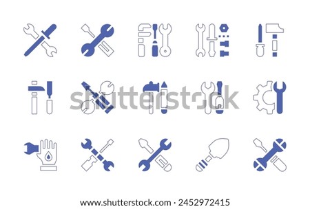 Tools icon set. Duotone style line stroke and bold. Vector illustration. Containing handwork, repair tool, tool, spanner, construction tools, repair tools, work, tools, utensils.