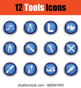 Tools icon set.  Glossy button design. Vector illustration.