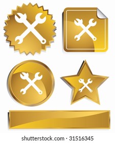 Tools Icon Set : Gold satin metal buttons in star, starburst, circle and sticker, label shapes.