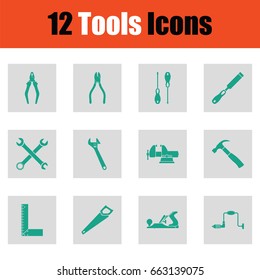 Tools icon set. Green on gray design. Vector illustration.
