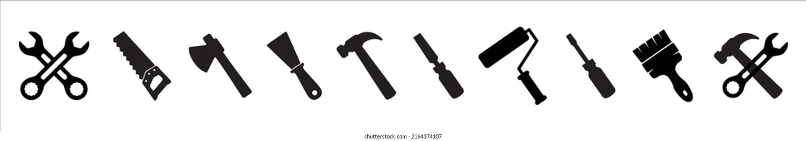 Tools icon set. House and construction tool vector illustration. Carpenter and painting work instrument symbol like wrench, spanner, handsaw, axes, paint roller, hammer, cape and paint brush.