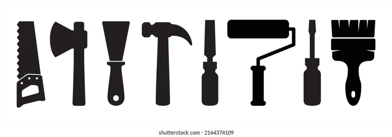 Tools icon set. House and construction tool vector illustration. Carpenter and painting work instrument symbol like handsaw, axes, paint roller, hammer, cape and paint brush.