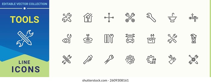 Tools icon set. Pack of equipment, setting, construction, work and more. Wrench icon collection. Perfect for logos and infographic. Editable stroke. Vector illustration.