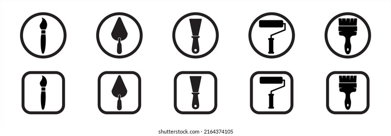 Tools icon set. Painting work instrument vector icons set. Round and square shape icon paint job. Containing symbol of brush pen, cape, paint roller, and brush paint.