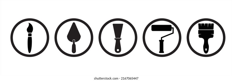 Tools icon set. Painting work instrument vector icons set. Round shape icon paint job. Containing symbol of brush pen, cape, paint roller, and brush paint.