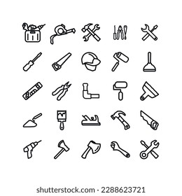 tools icon set with repair tools, construction helmet, hammer, screwdriver