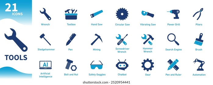 Tools icon set. Solid vector icons of wrench, gear, engineering, construction, hammer, AI.
