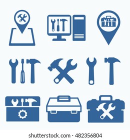 Tools icon set . Support settings concept. Mechanical shop. Options and service tools icon set. Rounded angles. Single flat icon isolated on white background. Vector illustration. Silhouette.