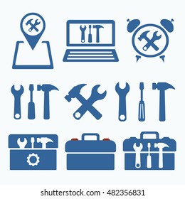 Tools icon set . Support settings concept. Mechanical shop. Options and service tools icon set. Rounded angles. Single flat icon isolated on white background. Vector illustration. Silhouette.