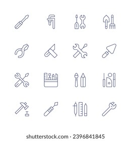 Tools icon set. Thin line icon. Editable stroke. Containing adjustable wrench, sliding, tools, dentist tools, repair, paint, design tools, shovel, spatula, wrench, screwdriver, pliers.