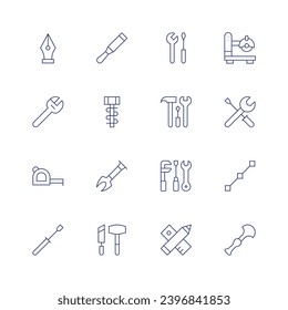 Tools icon set. Thin line icon. Editable stroke. Containing wrench, meter, screwdriver, spatula, hammer, tool, tools, construction tools, saw machine, easy installation, line, leather tools, pen tool.