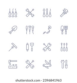 Tools icon set. Thin line icon. Editable stroke. Containing awl, shovel, plugger, adze, tool, tools, kitchen tools, sculpture, hand drill, swiss army knife, micrometer, farming, wrench, screwdriver. svg