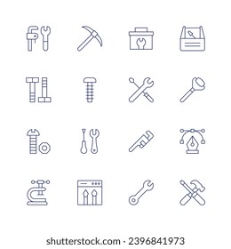 Tools icon set. Thin line icon. Editable stroke. Containing wrenches, skate, screw, clamp, pick, tools, design tools, tool box, pipe wrench, wrench, toolbox, face roller, pen tool.