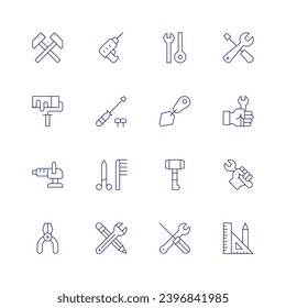 Tools icon set. Thin line icon. Editable stroke. Containing crossed hammers, paint roller, polisher, pliers, drill, screw driver, tools, edit tools, tool, construction and tools, settings, wrench.