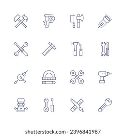 Tools icon set. Thin line icon. Editable stroke. Containing crossed hammers, hand drill, router, precision, square ruler, tools, tools and utensils, edit tool, electric razor, wrench, work tools, dril