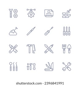 Tools icon set. Thin line icon. Editable stroke. Containing nut, shovel, tools, dentist tools, pen tool, tool, technical drawing, screwdriver, paint, swiss knife, trowel, gardening tools.