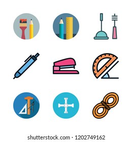 tools icon set. vector set about office material, cleaning tools, rope and wrench icons set.