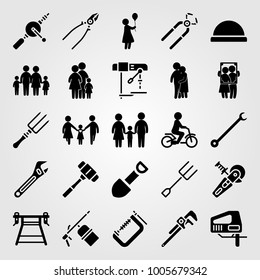 Tools icon set vector. child riding bike, power saw, mallet and hugging