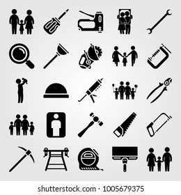 Tools icon set vector. family, tape, handsaw and loupe