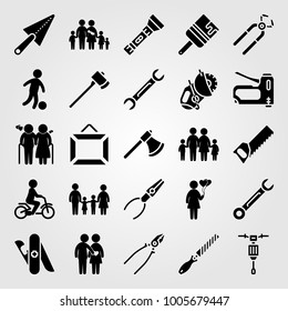 Tools icon set vector. family, woman, frame and multitool