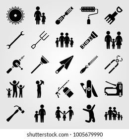Tools icon set vector. girl, staple gun, mom and pliers