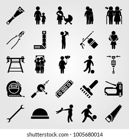 Tools icon set vector. love, father with baby, work brench and mother