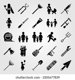 Tools icon set vector. man, trowel, sealant gun and fork