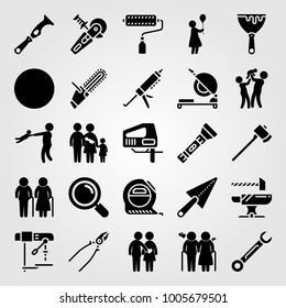 Tools icon set vector. measure, father, chainsaw and family