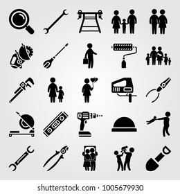 Tools icon set vector. paint roller, power saw, children and love