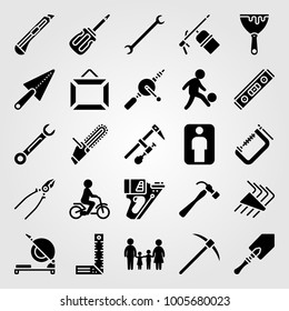 Tools icon set vector. ruler, trowel, pick axe and level