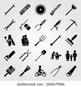 Tools icon set vector. shovel, level, paint brush and plunger