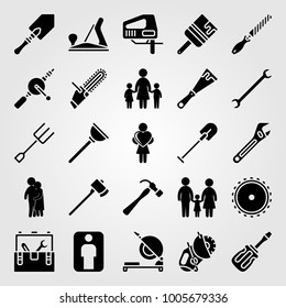 Tools icon set vector. spanner, wood plane, chop saw and hammer
