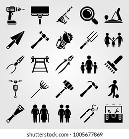 Tools icon set vector. tool box, couple, fork and pliers