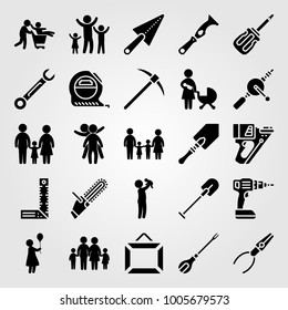 Tools icon set vector. woman, two childs playing, drill and scraper