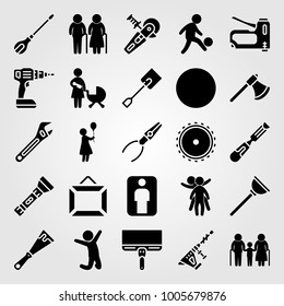 Tools icon set vector. woman with ballon, plunger, football player and grandmother