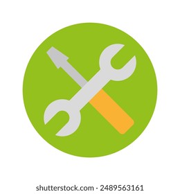 Tools icon set. Wrench and screwdriver. Vector flat design. Green circle background.