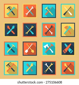 Tools icon silhouette set with flat shadow, vector illustration